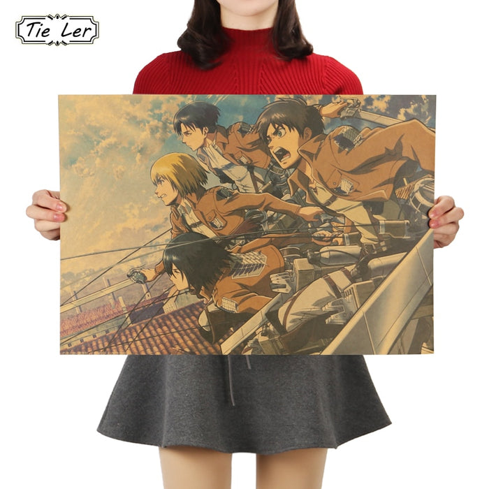 TIE LER Attack on Titan A Style Japanese Cartoon Comic Kraft Paper Wall Stickers Bar Poster Retro Decorative Painting 51.5x36cm