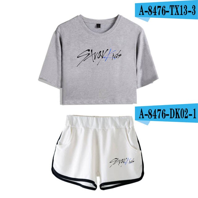 Women navel T-shirt Printed KPOP Stray Kids Two Piece Set + Short Pants Summer Dew navel t shirt Girl Leisure Sets