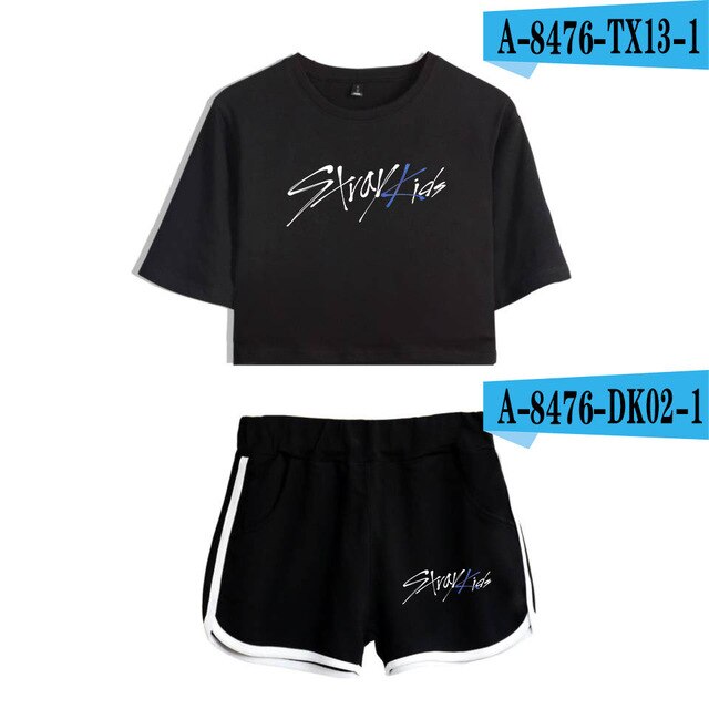Women navel T-shirt Printed KPOP Stray Kids Two Piece Set + Short Pants Summer Dew navel t shirt Girl Leisure Sets