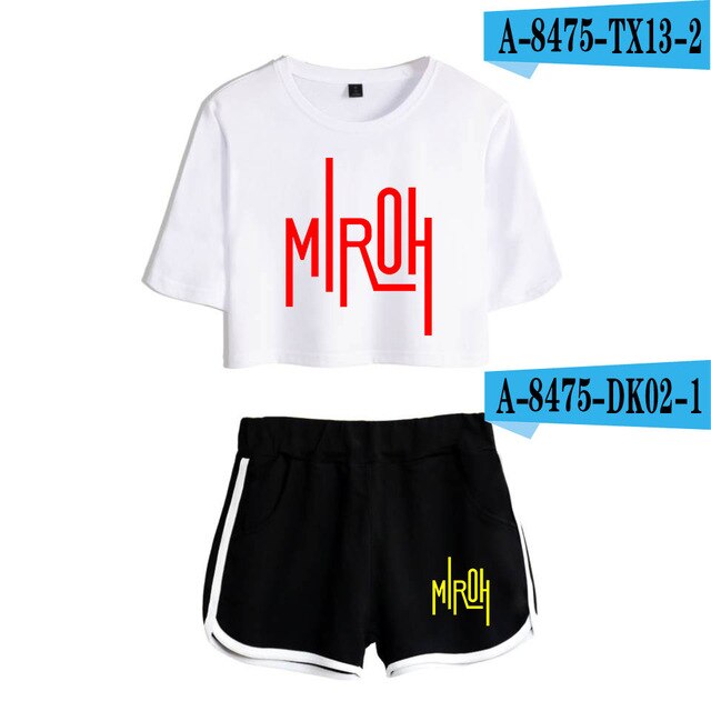 Women navel T-shirt Printed KPOP Stray Kids Two Piece Set + Short Pants Summer Dew navel t shirt Girl Leisure Sets