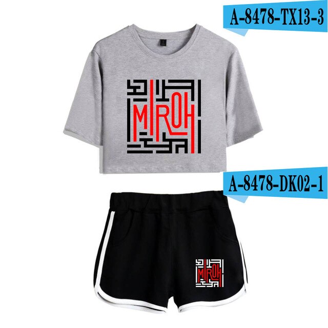 Women navel T-shirt Printed KPOP Stray Kids Two Piece Set + Short Pants Summer Dew navel t shirt Girl Leisure Sets