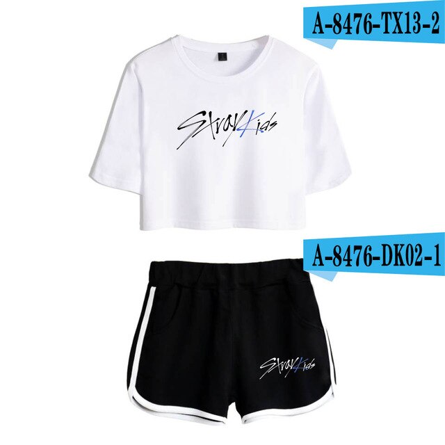 Women navel T-shirt Printed KPOP Stray Kids Two Piece Set + Short Pants Summer Dew navel t shirt Girl Leisure Sets