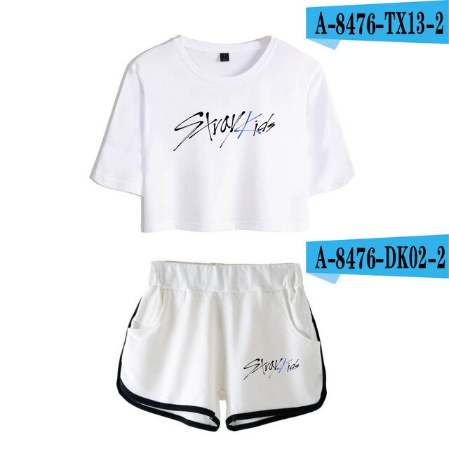 Women navel T-shirt Printed KPOP Stray Kids Two Piece Set + Short Pants Summer Dew navel t shirt Girl Leisure Sets
