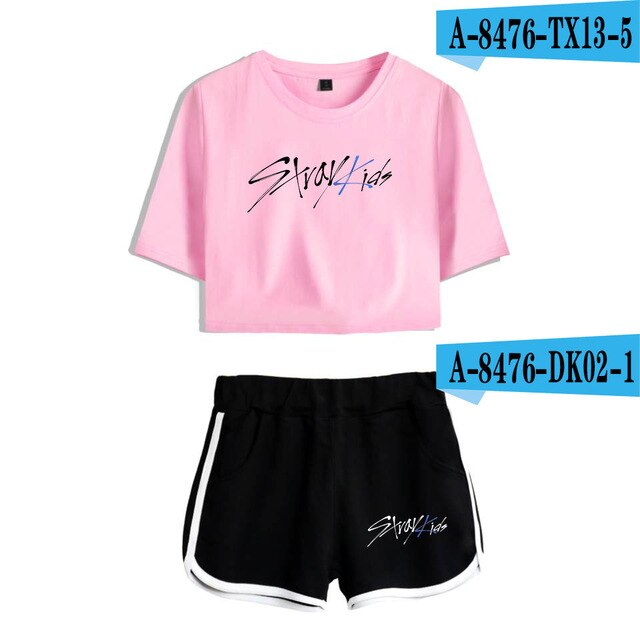Women navel T-shirt Printed KPOP Stray Kids Two Piece Set + Short Pants Summer Dew navel t shirt Girl Leisure Sets