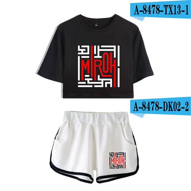 Women navel T-shirt Printed KPOP Stray Kids Two Piece Set + Short Pants Summer Dew navel t shirt Girl Leisure Sets