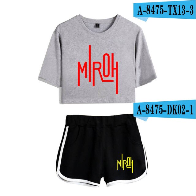 Women navel T-shirt Printed KPOP Stray Kids Two Piece Set + Short Pants Summer Dew navel t shirt Girl Leisure Sets