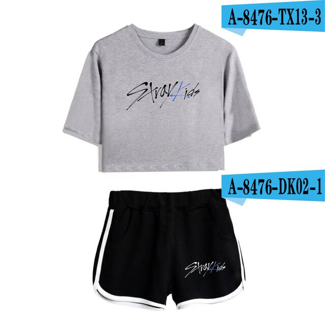 Women navel T-shirt Printed KPOP Stray Kids Two Piece Set + Short Pants Summer Dew navel t shirt Girl Leisure Sets
