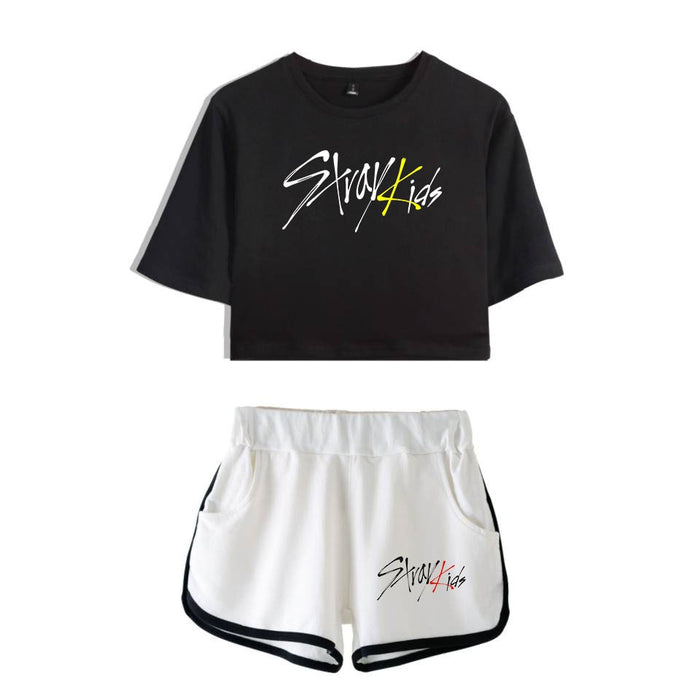 Women navel T-shirt Printed KPOP Stray Kids Two Piece Set + Short Pants Summer Dew navel t shirt Girl Leisure Sets