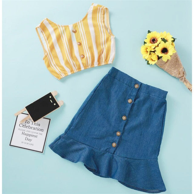 Two Piece Set Toddler Kids Baby Girls  Sleeveless Ruffles Crop Tops+Bowknot Floral Skirt Set Girl Outfit 2020 - Kpopshop