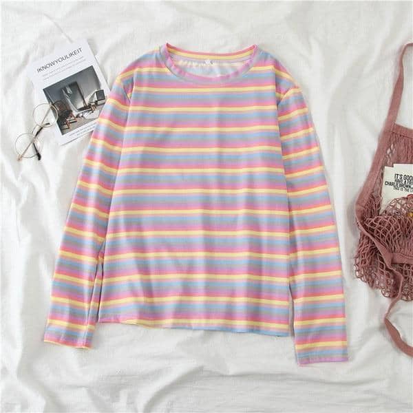 Kpopshop Originals - T-shirts Rainbow Striped Soft Loose Embroidery T-shirt  (5) - Kpopshop
