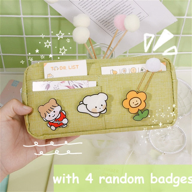 kawaii Large Pencil Case Stationery Storage Bags Canvas Pencil Bag Cute Makeup Bag School Supplies for Girl Kids Gift w/ Badge