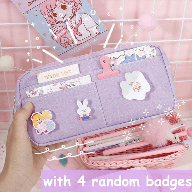 kawaii Large Pencil Case Stationery Storage Bags Canvas Pencil Bag Cute Makeup Bag School Supplies for Girl Kids Gift w/ Badge