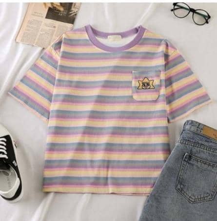 Kpopshop Originals - korean Stripped New for Women tees Tops embroidery 90's girls  Streetwear - Kpopshop