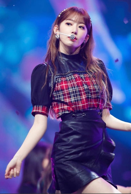 kpop IZONE Jazz dance show fashion loose casual plaid long sleeved t shirt tops+sexy loose skirts High waist dress women outfits