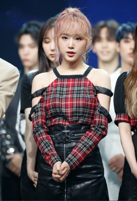 kpop IZONE Jazz dance show fashion loose casual plaid long sleeved t shirt tops+sexy loose skirts High waist dress women outfits