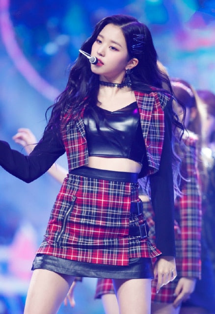kpop IZONE Jazz dance show fashion loose casual plaid long sleeved t shirt tops+sexy loose skirts High waist dress women outfits