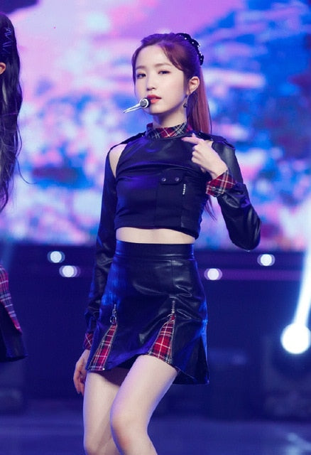 kpop IZONE Jazz dance show fashion loose casual plaid long sleeved t shirt tops+sexy loose skirts High waist dress women outfits