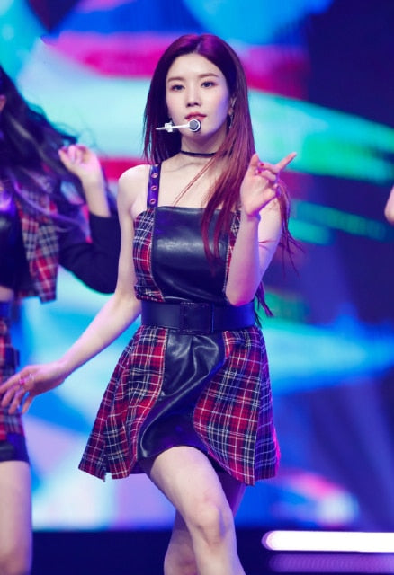 kpop IZONE Jazz dance show fashion loose casual plaid long sleeved t shirt tops+sexy loose skirts High waist dress women outfits