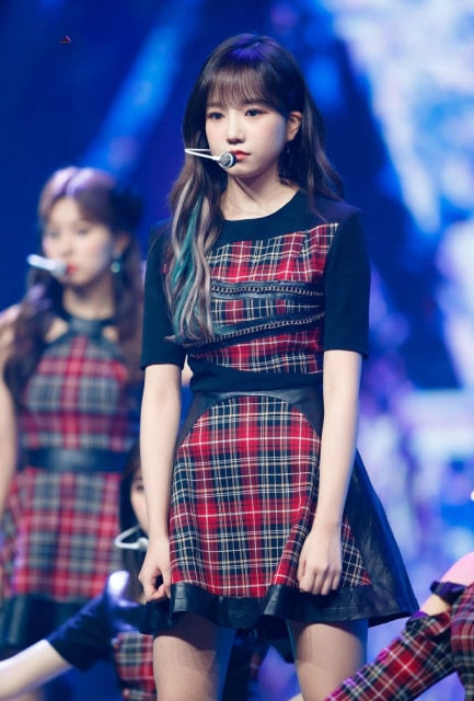kpop IZONE Jazz dance show fashion loose casual plaid long sleeved t shirt tops+sexy loose skirts High waist dress women outfits