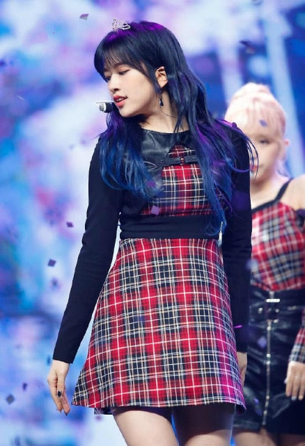 kpop IZONE Jazz stage show temperament casual plaid long sleeved t shirt tops+sexy loose skirts High waist dress women outfits