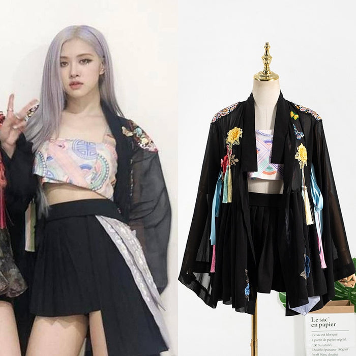 kpop Korean Celebrity ROSE Sexy Short Sling Vest Embroidery Cardigan Jacket Coat+Black Slim High Waist Mini Skirt Women Outfits