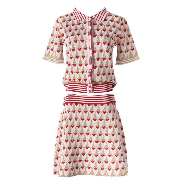 kpop Korean Celebrity same Love heart print Knitwear T-Shirt Skirt Set New women sweet tops two piece dress set female clothes