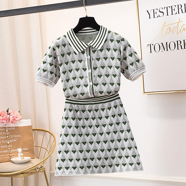 kpop Korean Celebrity same Love heart print Knitwear T-Shirt Skirt Set New women sweet tops two piece dress set female clothes