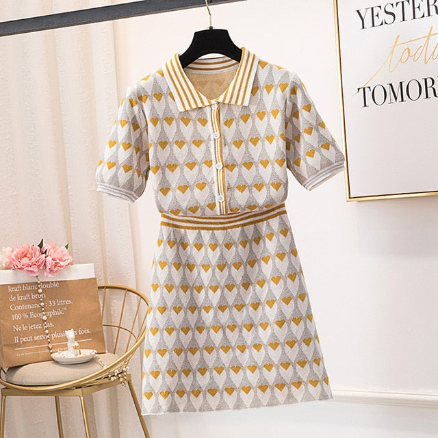 kpop Korean Celebrity same Love heart print Knitwear T-Shirt Skirt Set New women sweet tops two piece dress set female clothes