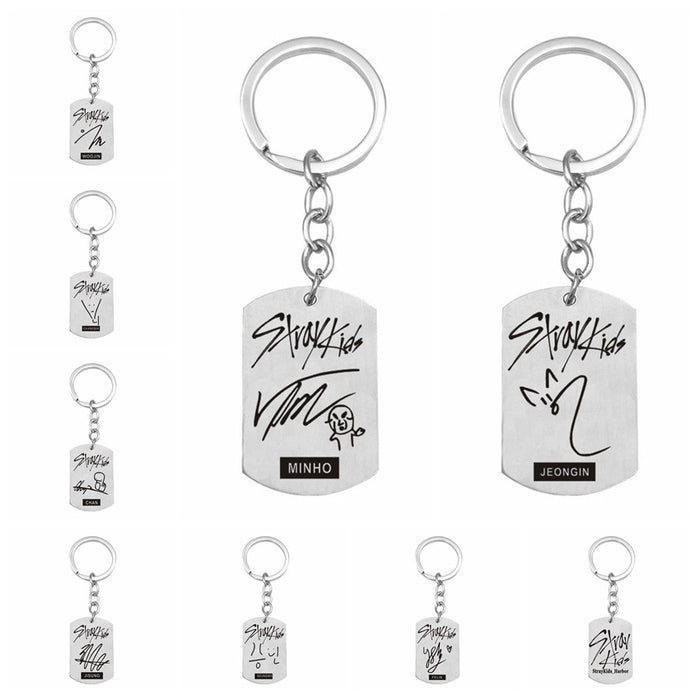 Kpop Stray Kids keychains stainless steel Member Funny signature key ring pendant key chain